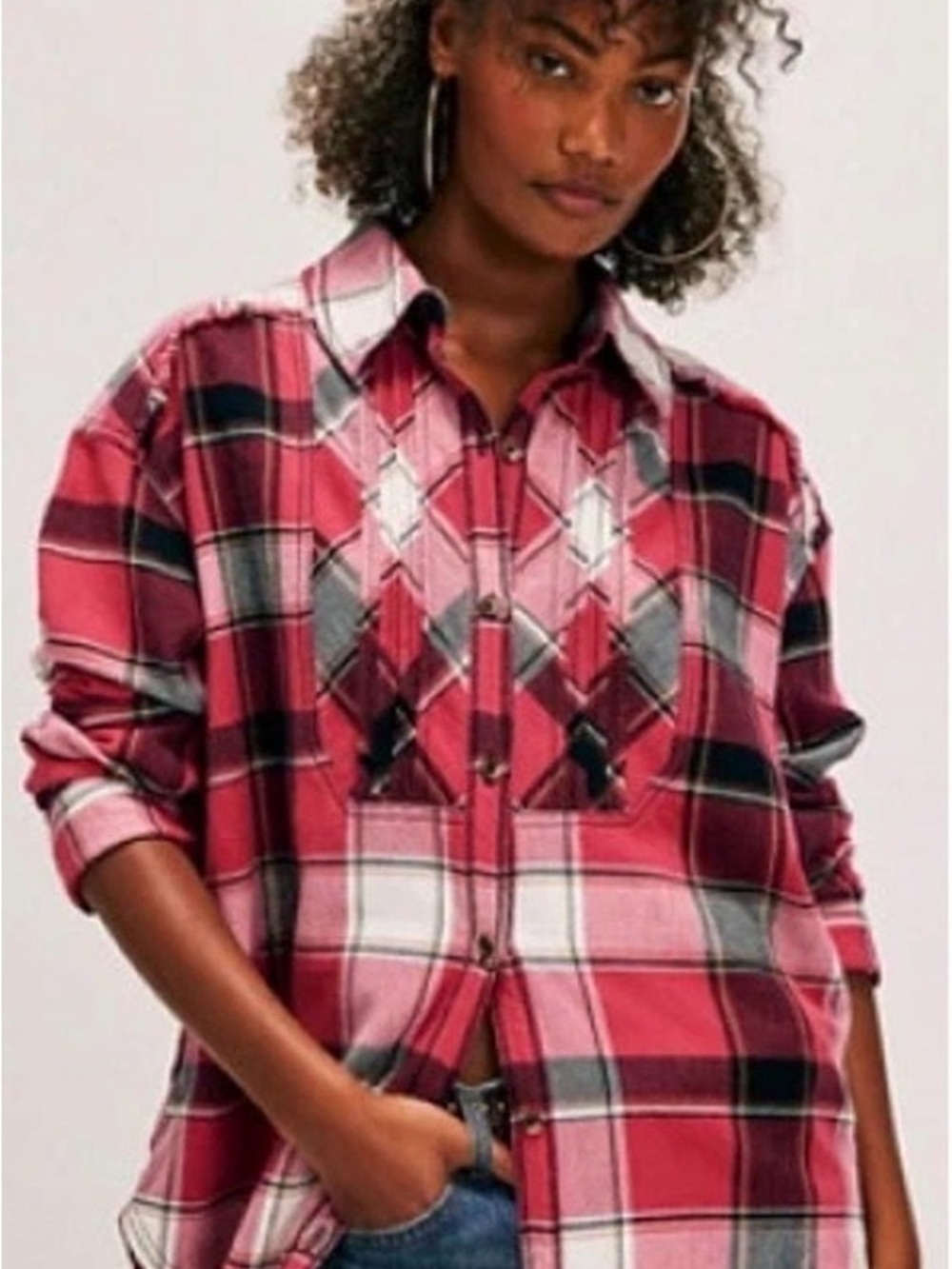 We The Free Red, Pink & Black Plaid Relaxed Button-Down Shirt